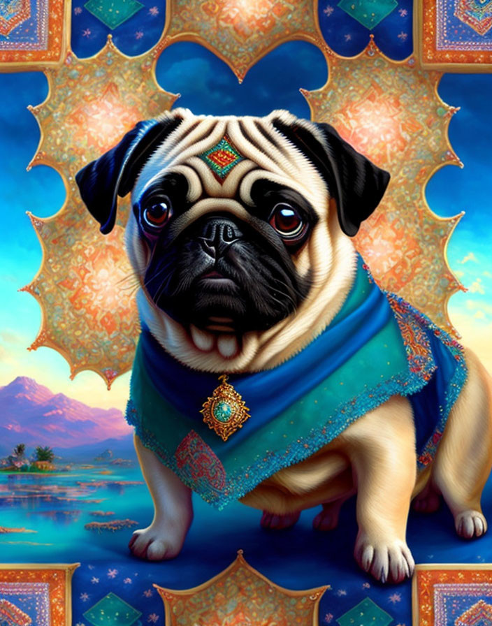 Illustration of pug in blue garment with jewel on vibrant backdrop with mountains and ornate patterns