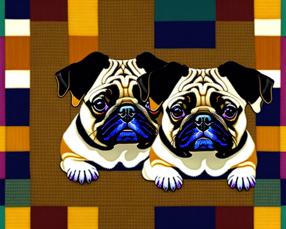 Cartoon pugs with expressive eyes on colorful geometric backdrop
