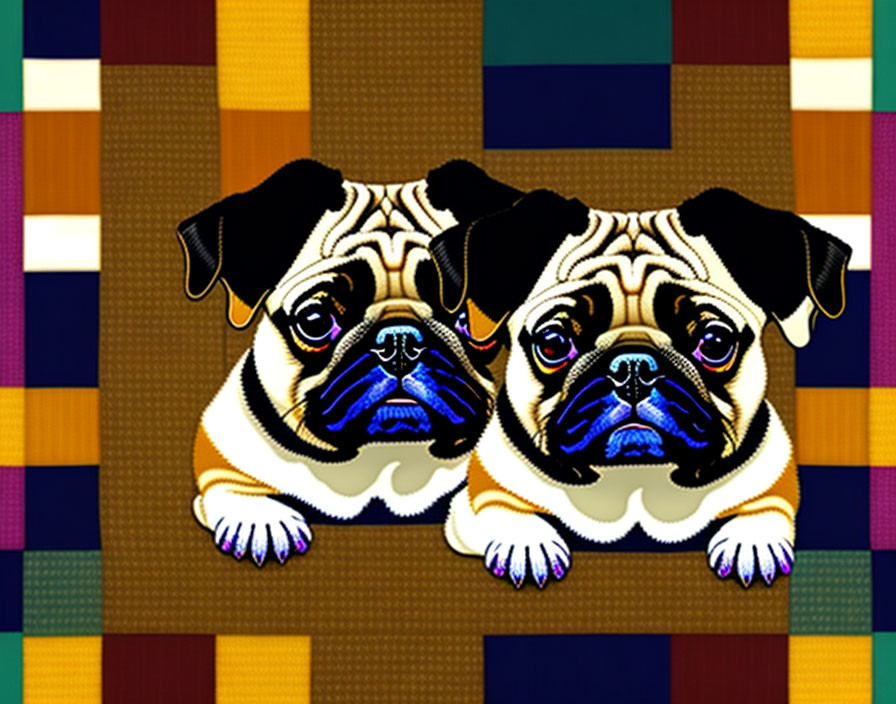 Cartoon pugs with expressive eyes on colorful geometric backdrop