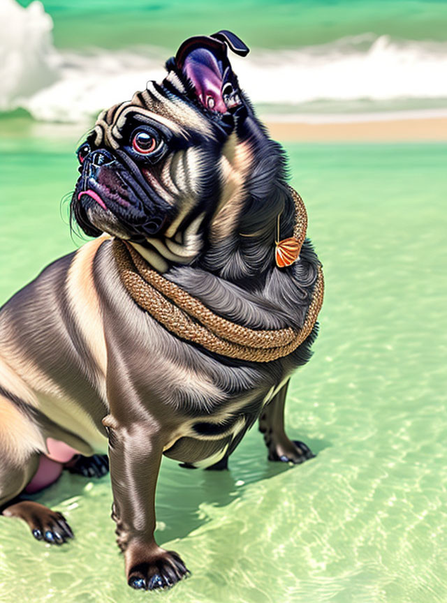 Digitally altered pug with human-like features on beach backdrop