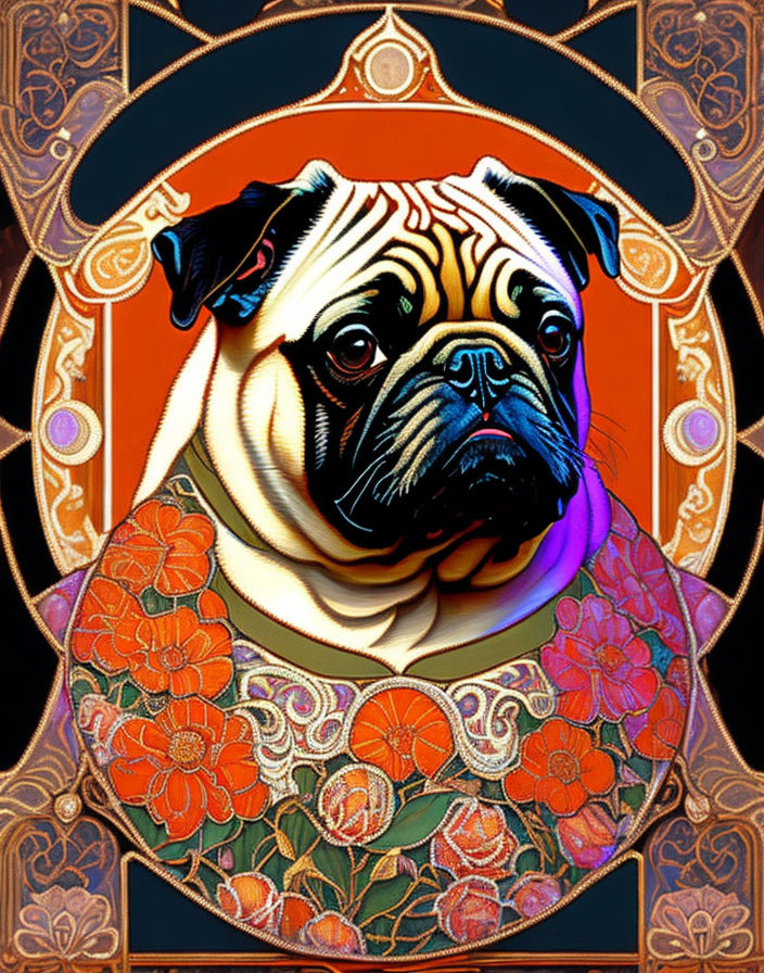 Colorful Pug Illustration with Floral Patterns on Mandala Background