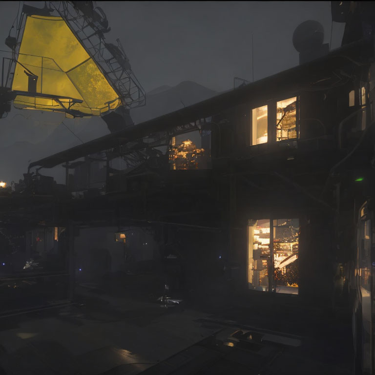 Industrial Facility at Night with Yellow Crane and Warm Interior Lights