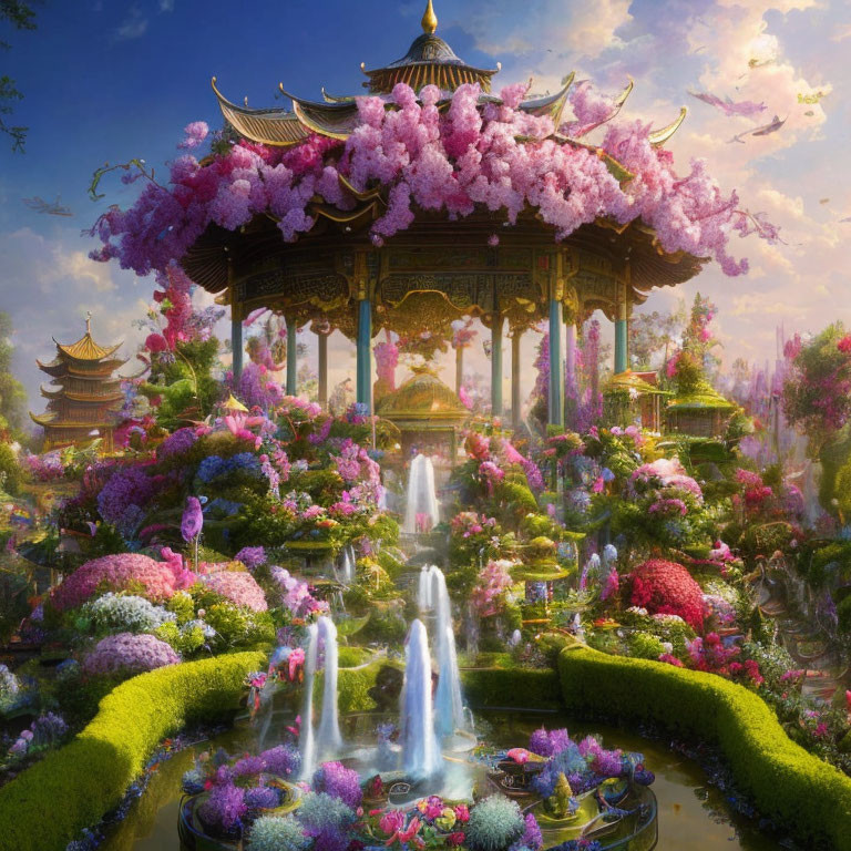 Fantasy garden with pagoda, purple flora, waterfalls & traditional architecture.