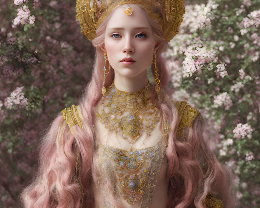 Digital Artwork: Woman with Pink Hair in Ornate Headdress and Jeweled Dress among Blossoming