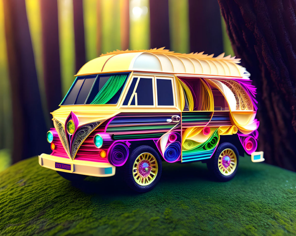 Colorful psychedelic van in whimsical forest scene