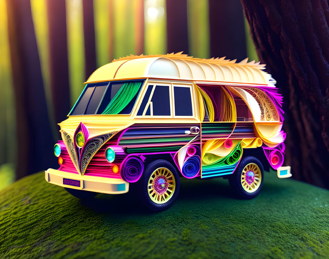 Colorful psychedelic van in whimsical forest scene