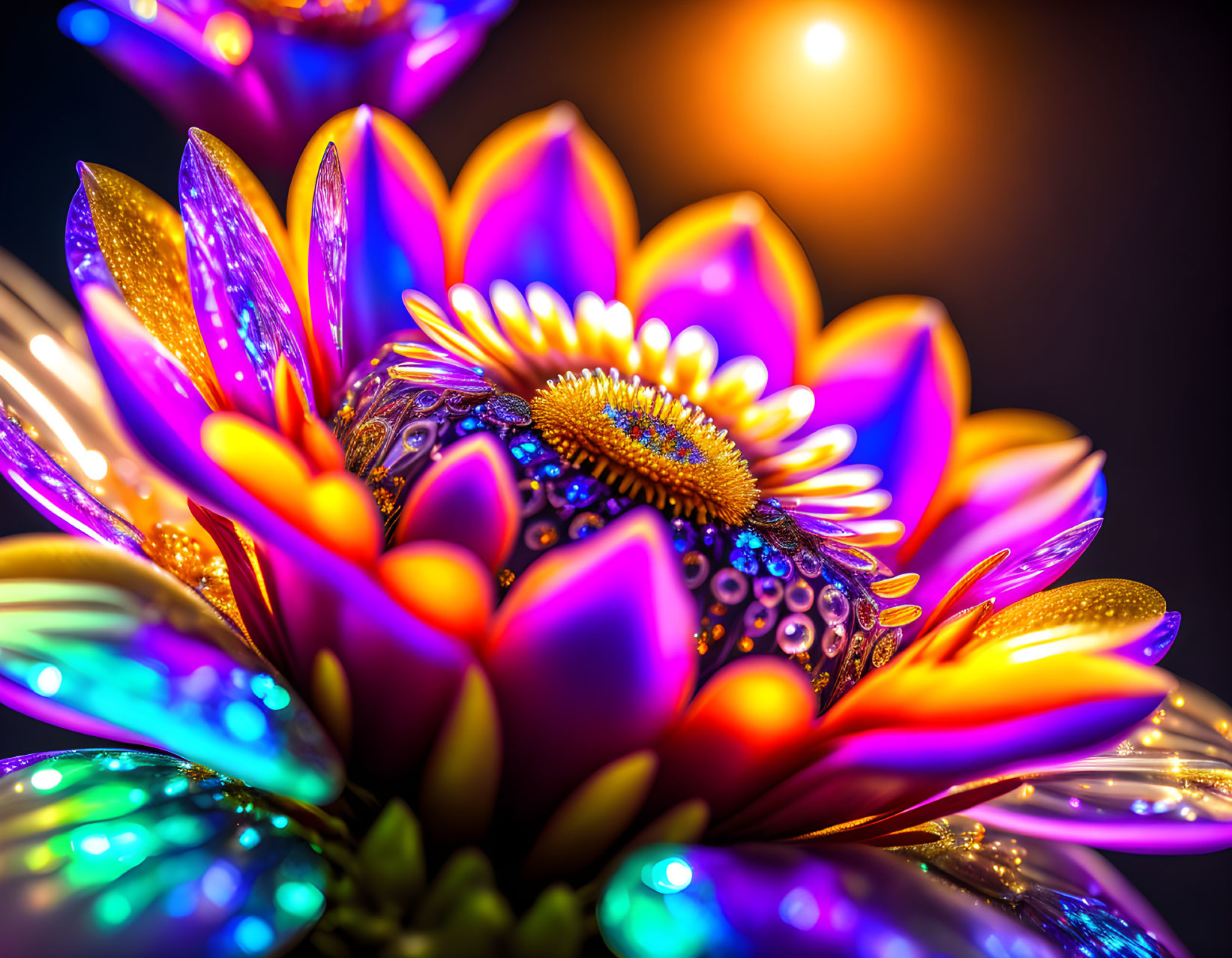 Neon-colored digital art flower with glowing petals and intricate patterns