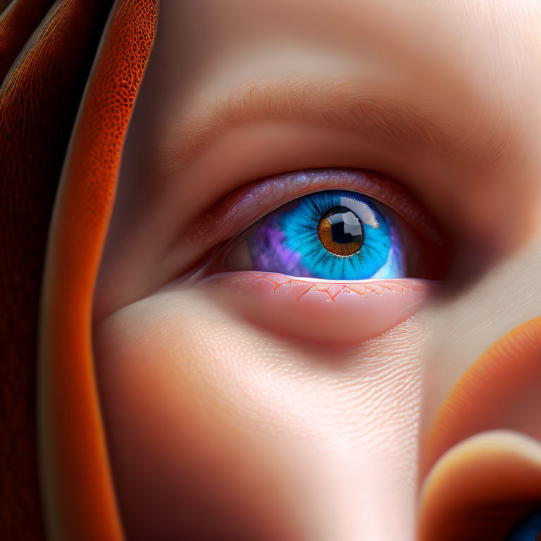 Vivid blue human eye framed by curled orange fabric