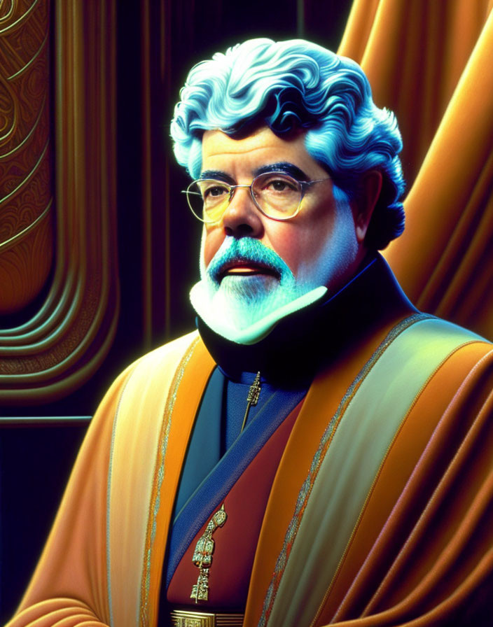 Man with White Hair and Beard in Futuristic Orange and Blue Robes against Ornate Background