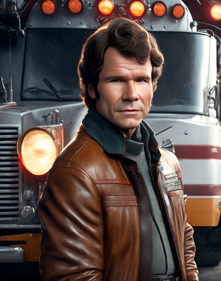 Man with Wavy Hair in Brown Leather Jacket by Vintage Truck