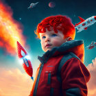 Curly Red-Haired Toddler with Toy Rocket and Space Illustrations
