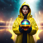 Person in Yellow Raincoat Holding Glowing Orb Under Cosmic Sky
