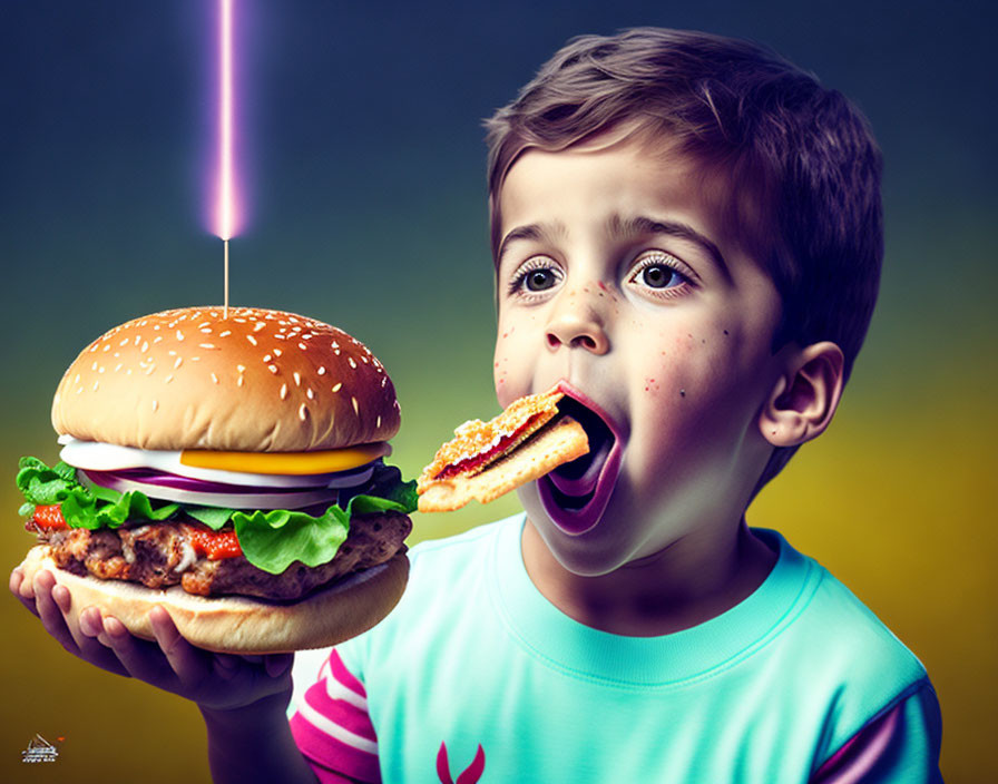 Boy in teal shirt amazed as light beam toasts burger bite mark