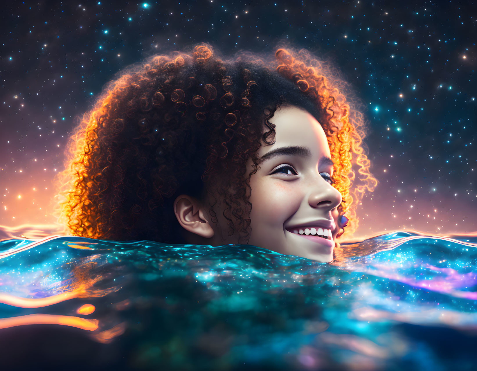 Curly-Haired Person Floating in Cosmic Waters under Starry Sky