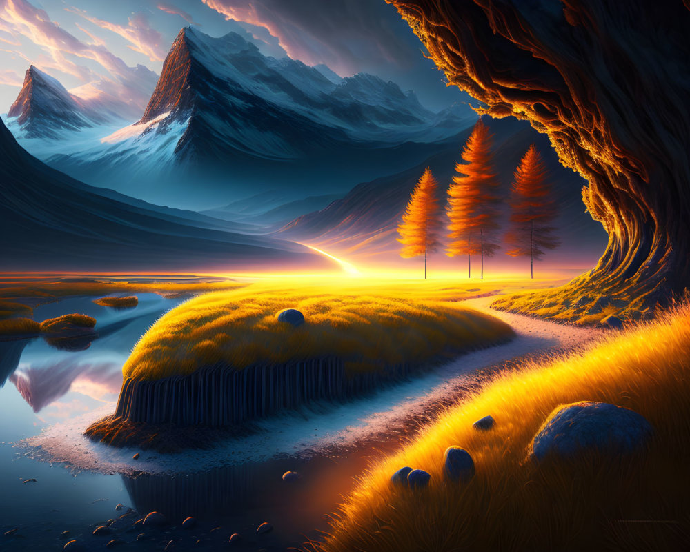Serene landscape with glowing sunset, orange-lit pathway, autumn trees, and snow-capped mountains