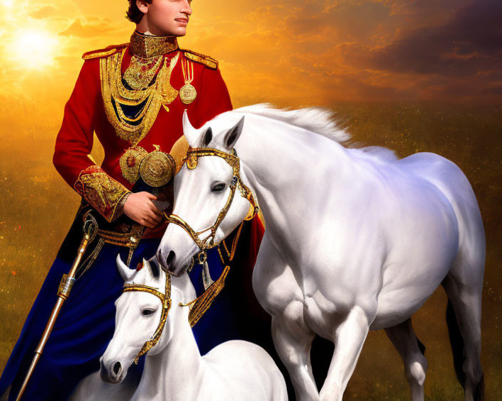 Person in Red Military Uniform with Golden Decorations Beside Two White Horses in Field of Popp