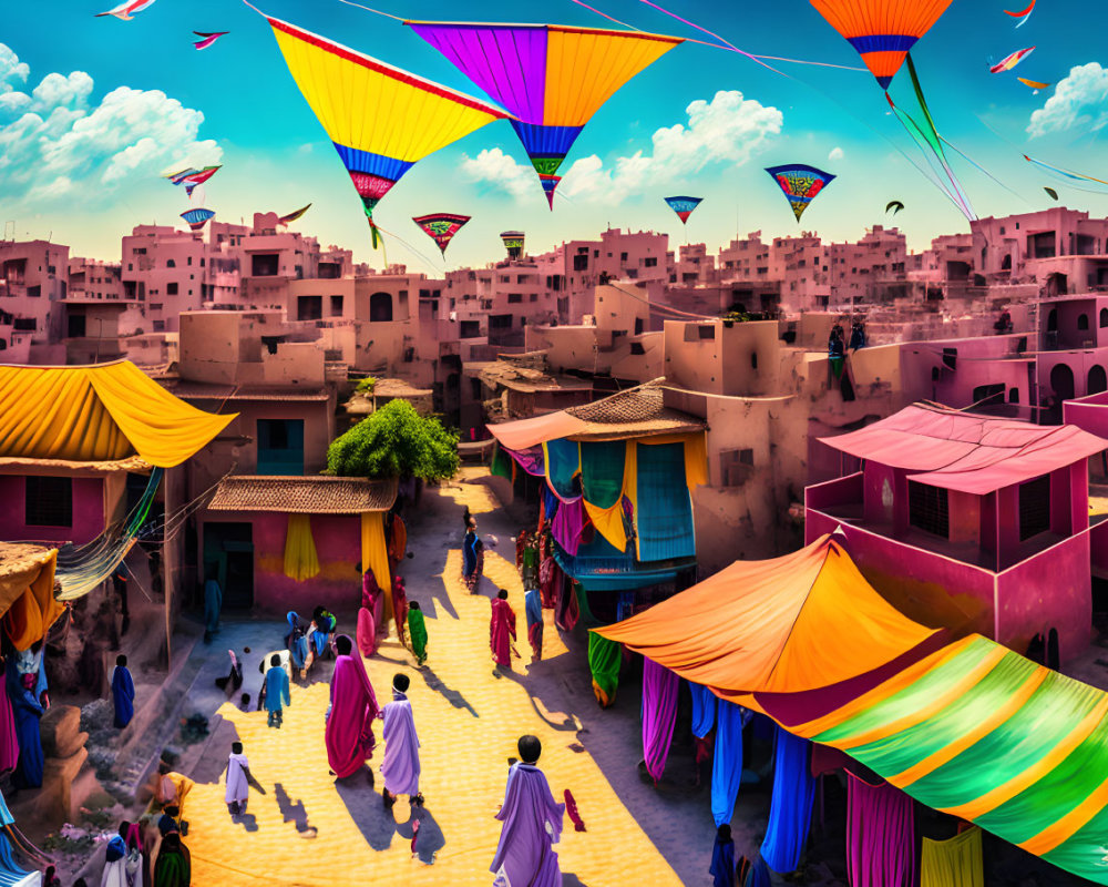 Vibrant market street with colorful kites, traditional clothing, and bright blue sky