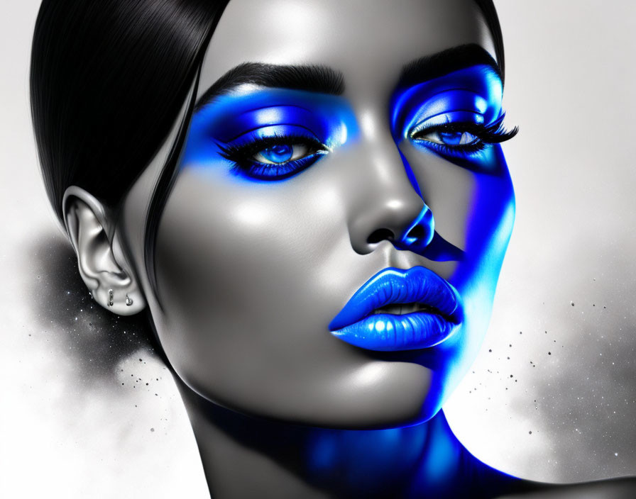 Monochrome portrait of a woman with blue lips and eyeshadow