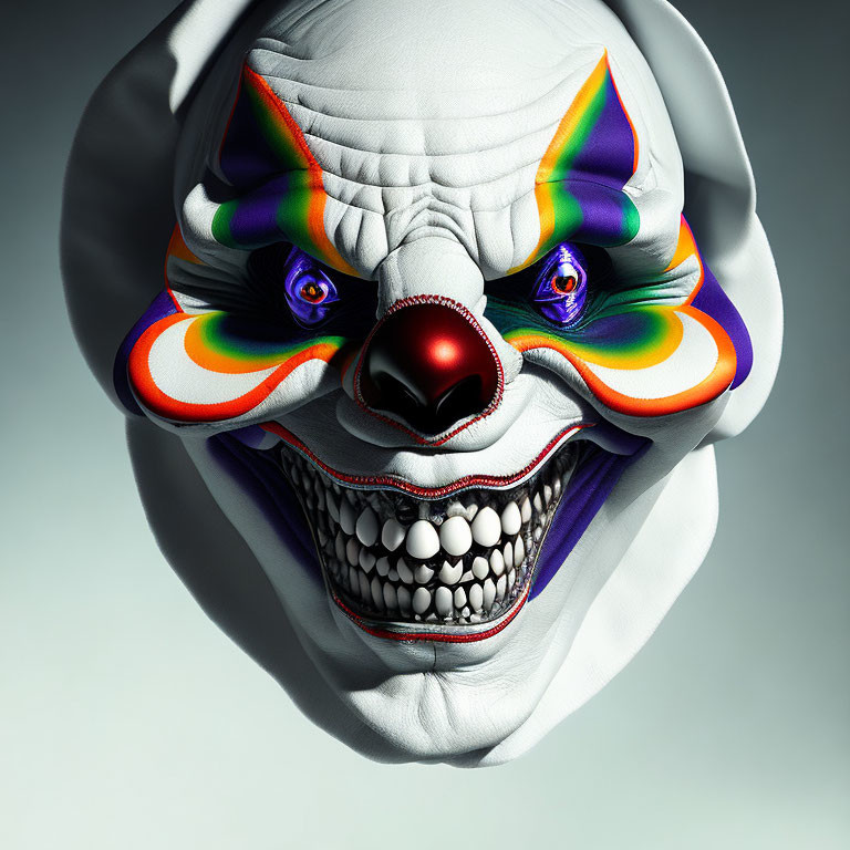 Sinister clown face with exaggerated features and vibrant colors