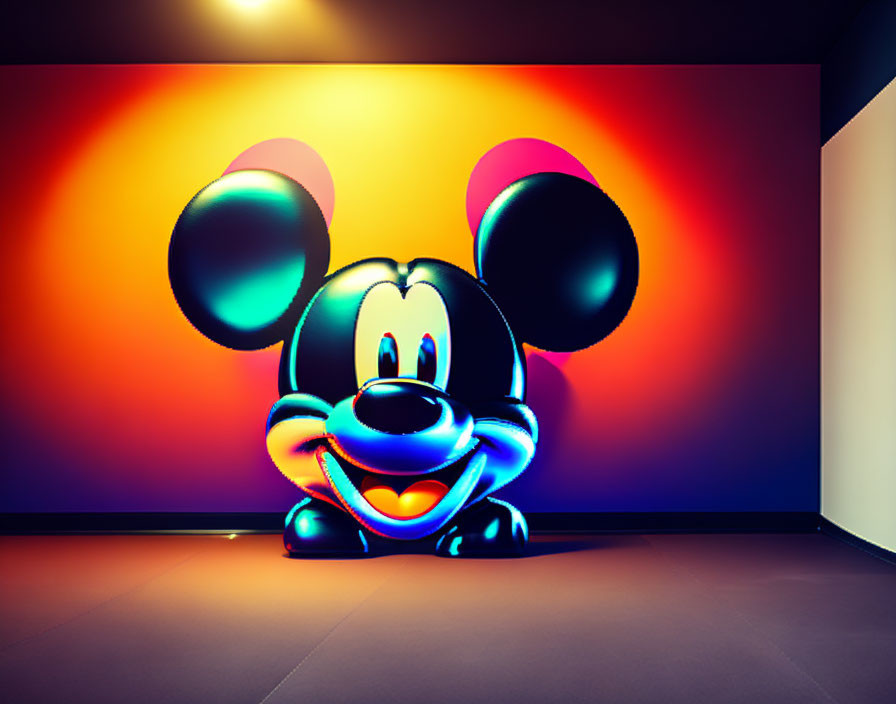 Vibrant Mickey Mouse artwork in neon lights on orange gradient background