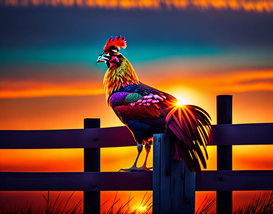 Colorful Rooster Perched on Fence at Sunrise