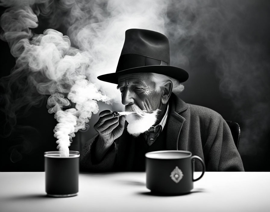 Elderly man in bowler hat smoking pipe with swirling smoke and steaming cup