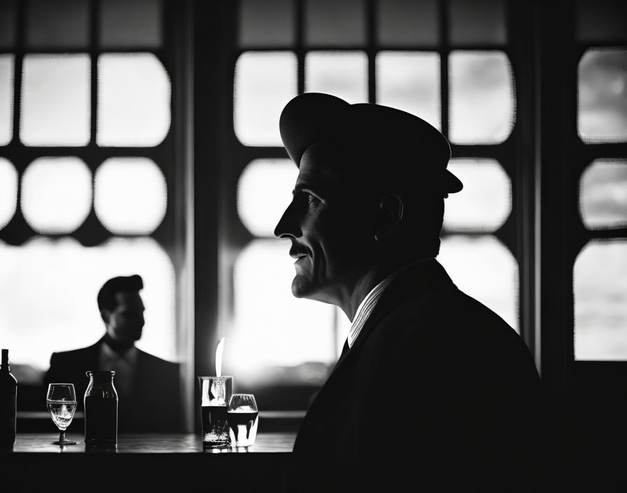 Silhouetted man in beret gazes out bar window with reflection.