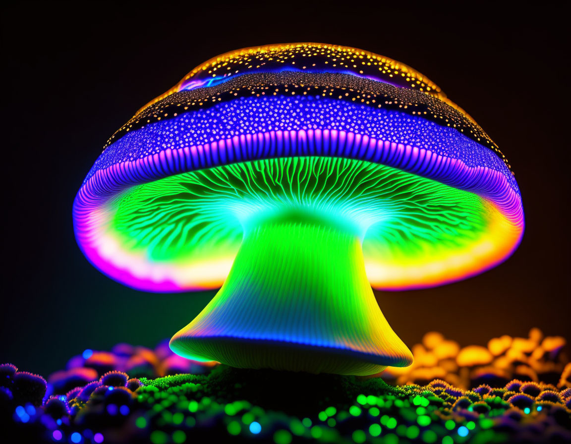Colorful Neon-Lit Mushroom on Dark Background