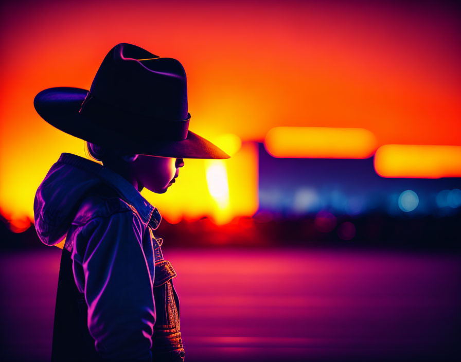 Child in cowboy hat silhouetted against vibrant sunset.