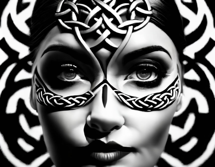 Monochromatic close-up of person with intricate black and white face paint in Celtic or tribal patterns