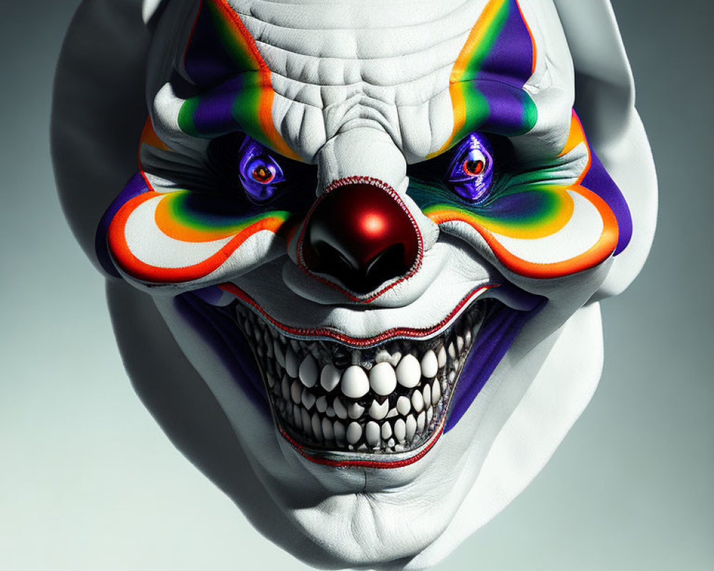 Sinister clown face with exaggerated features and vibrant colors