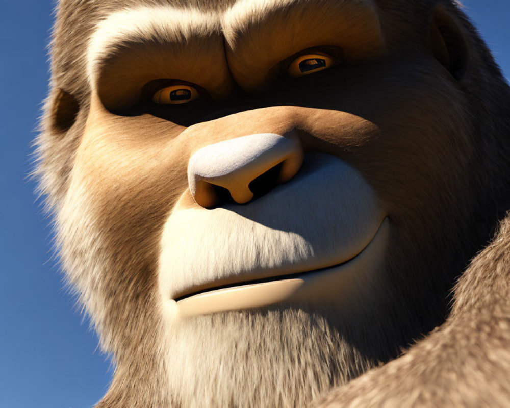 Detailed 3D animated gorilla face with grin on blue sky background