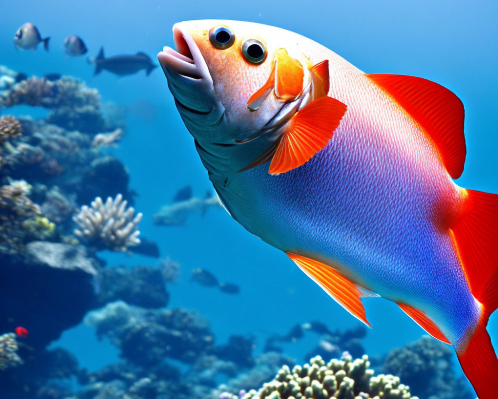 Colorful red and white fish near coral reef in clear blue water