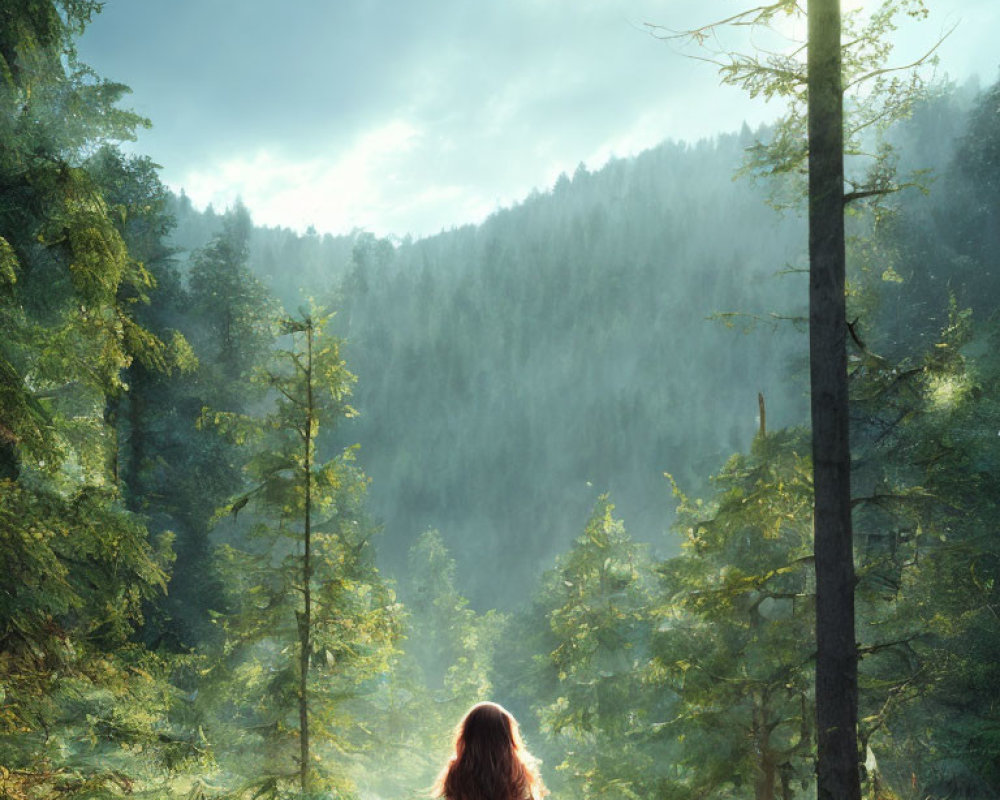 Person in Pink Dress Standing in Lush Forest with Misty Sunlit Hills