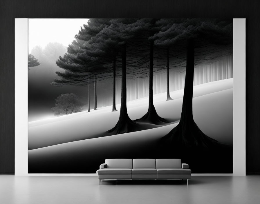 Monochrome misty forest wall mural above modern grey sofa