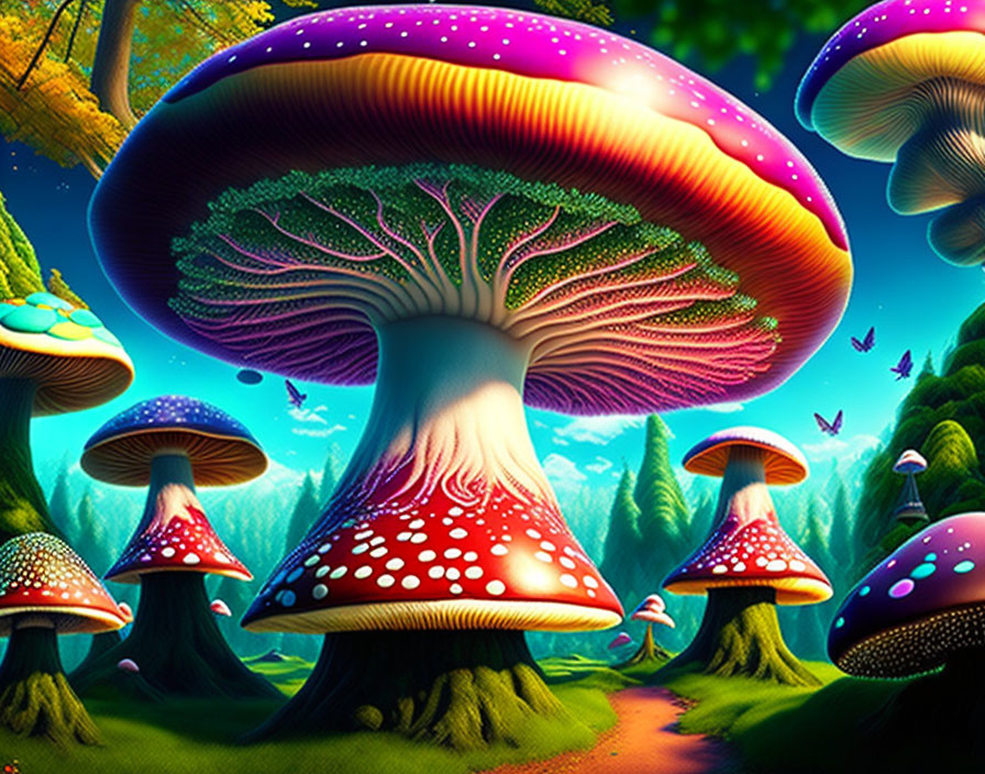 Colorful Oversized Mushrooms in Fantastical Forest with Butterflies