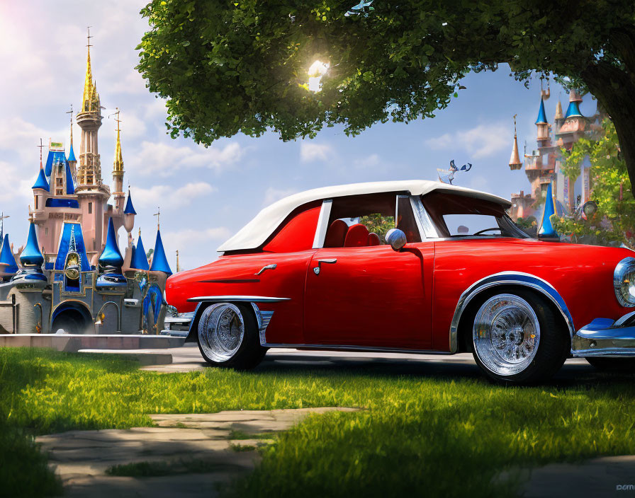 Red classic car on cobblestone path with fairy-tale castle and seagull under sunny sky
