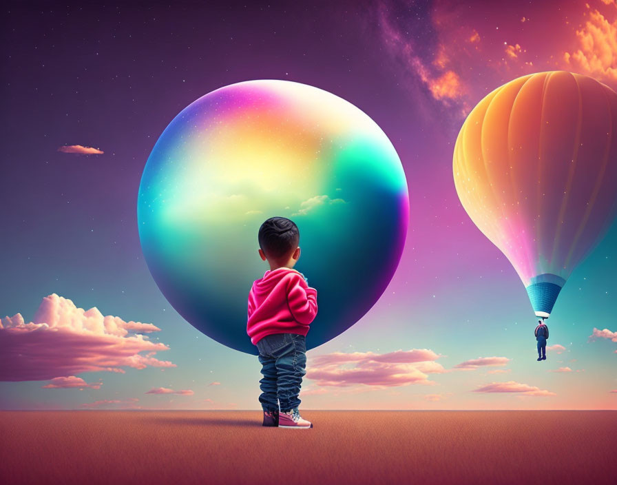 Child in Pink Hoodie Stands by Iridescent Orb in Sunset Sky