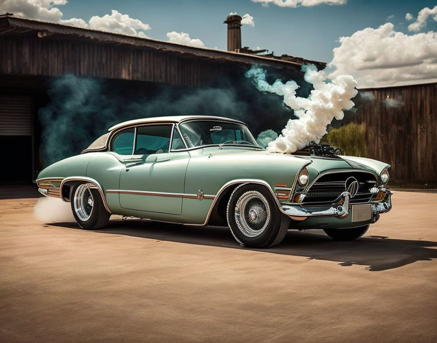 Vintage Green Car with White-Wall Tires Smoking in Front of Wooden Building