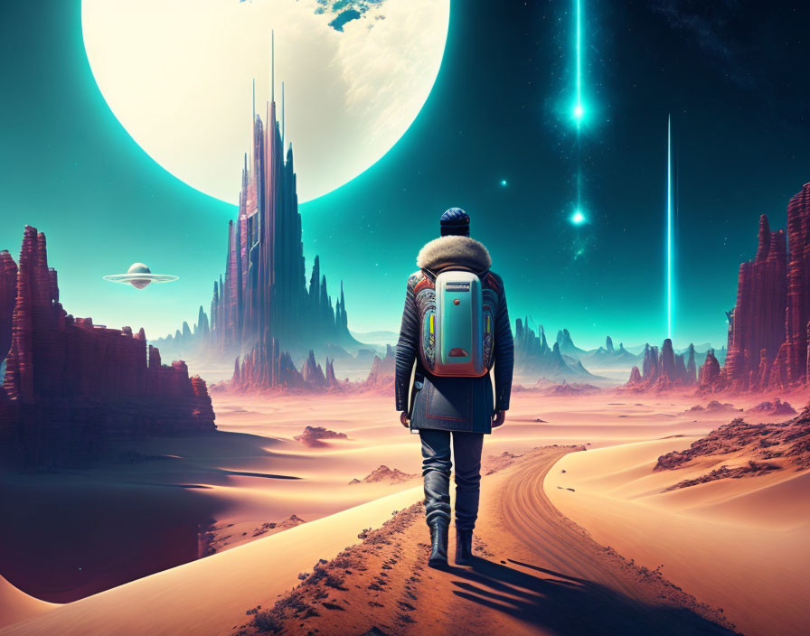 Person in winter jacket on alien landscape with futuristic towers and UFOs