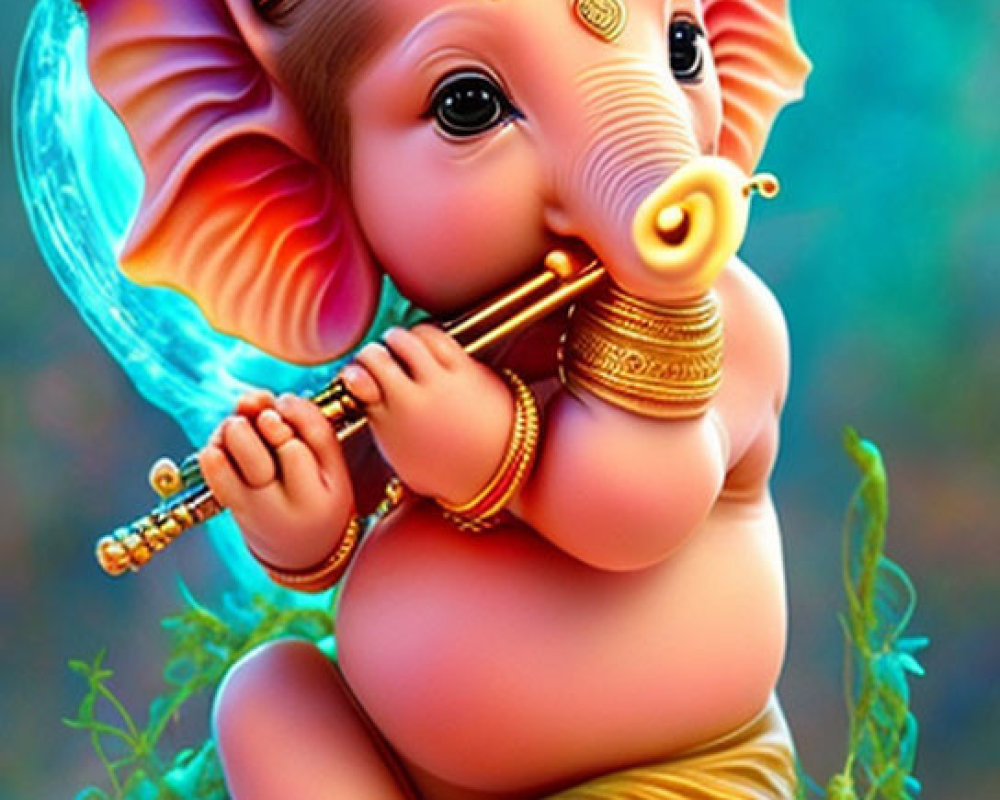 Colorful Baby Lord Ganesha with Flute in Lush Greenery