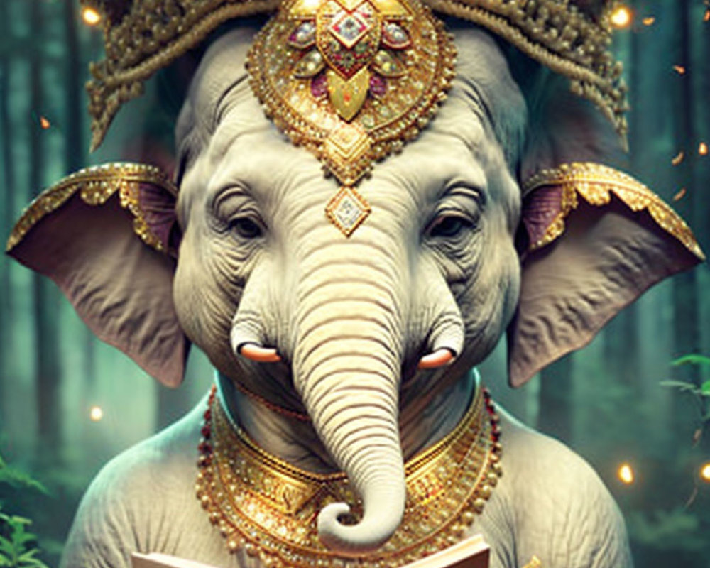 Elephant in Crown and Jewelry with Book in Mystical Forest