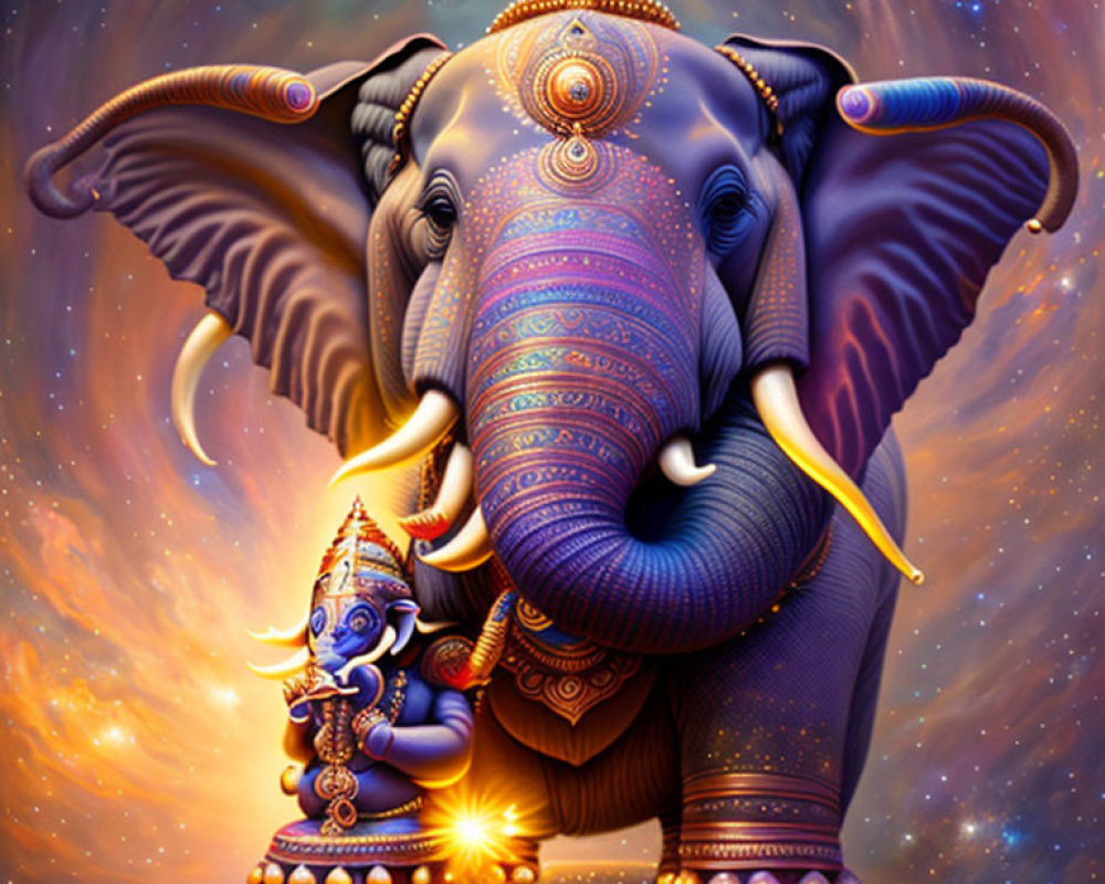 Colorful Elephant Illustration with Ornate Patterns and Deity Figure on Cosmic Background