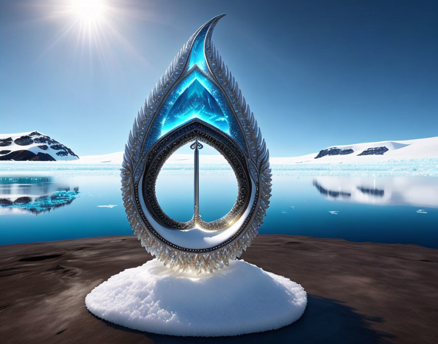 Surreal teardrop-shaped sculpture on snowy surface with icebergs