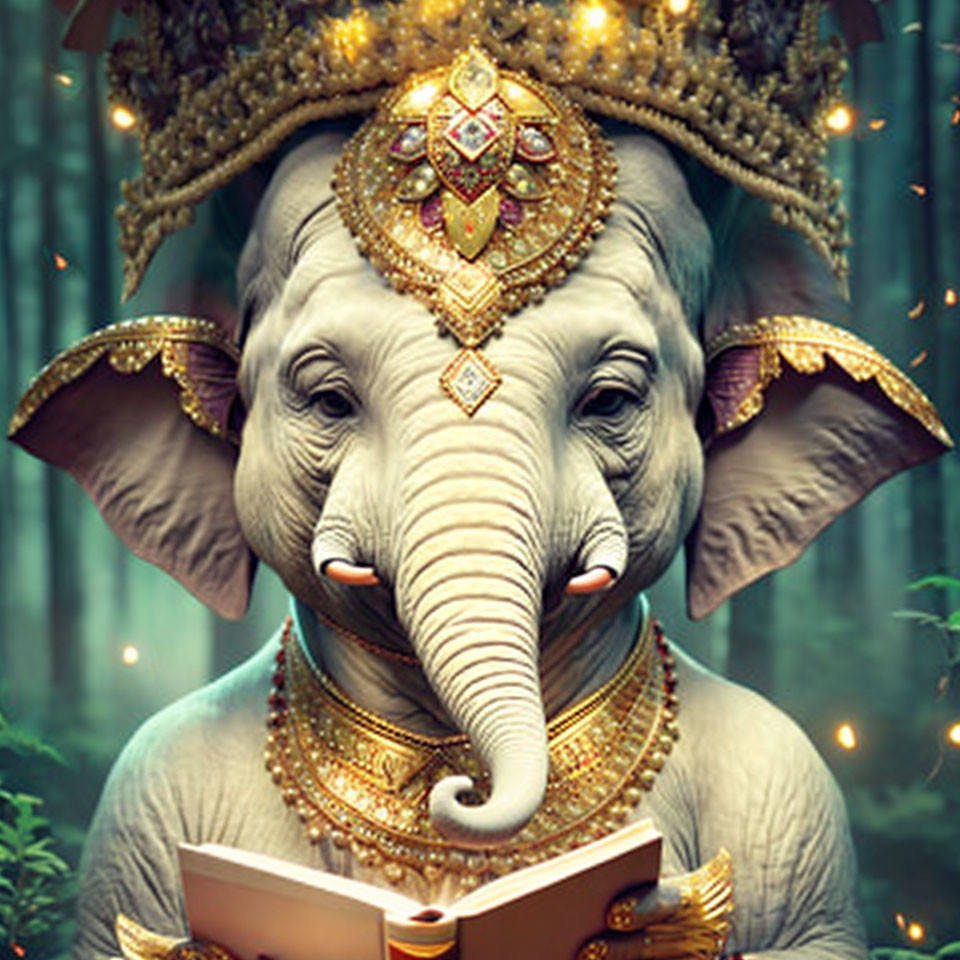Elephant in Crown and Jewelry with Book in Mystical Forest