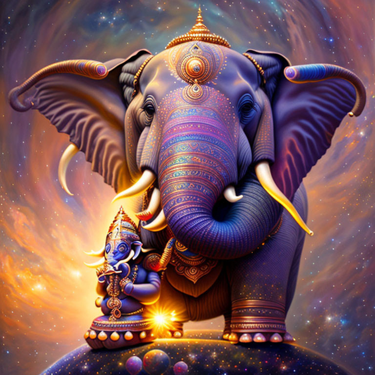 Colorful Elephant Illustration with Ornate Patterns and Deity Figure on Cosmic Background