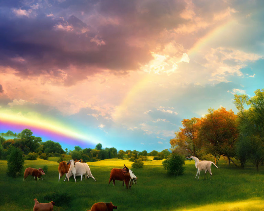 Colorful meadow scene with cows, rainbow, and sunlight