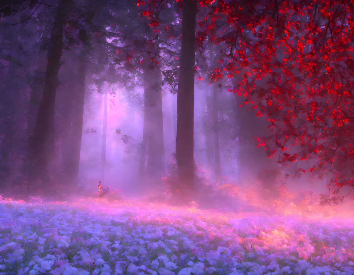 Enchanting purple and pink forest with red-leafed trees and misty light beams