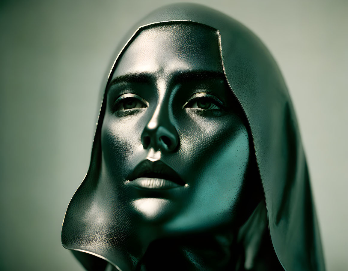 Stylized portrait of person with metallic complexion and satin-like hood