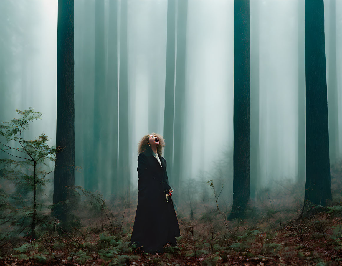 Curly-Haired Person in Misty Forest with Tall Trees